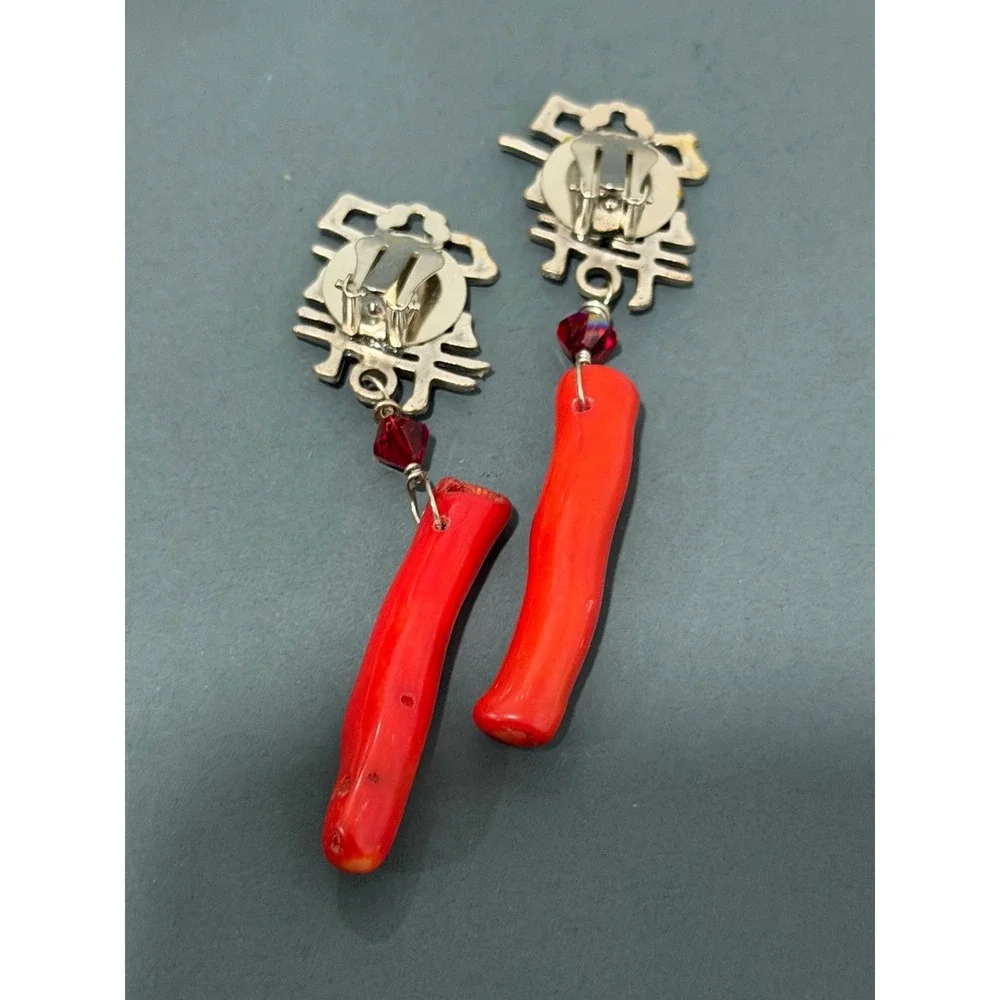 Double Happiness Earrings  Silver Tone Red Imitation Coral Clip On Dangle Drop